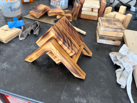 Rustic Wooden Coaster Set with Burnt Finish Holder – Handcrafted Pine